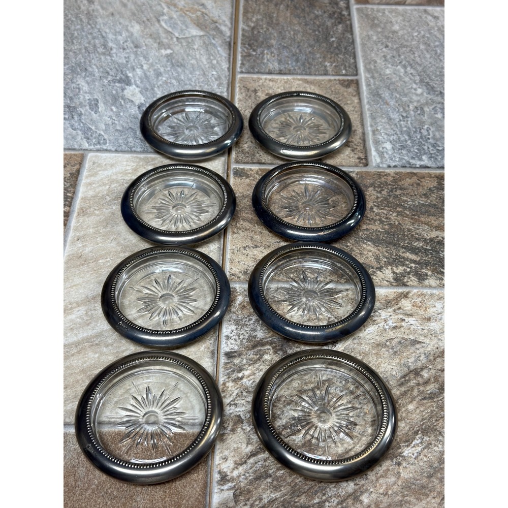 Leonard Silverplate Italy Starburst Cut Glass Coasters Beaded Rim Set of 8 4in